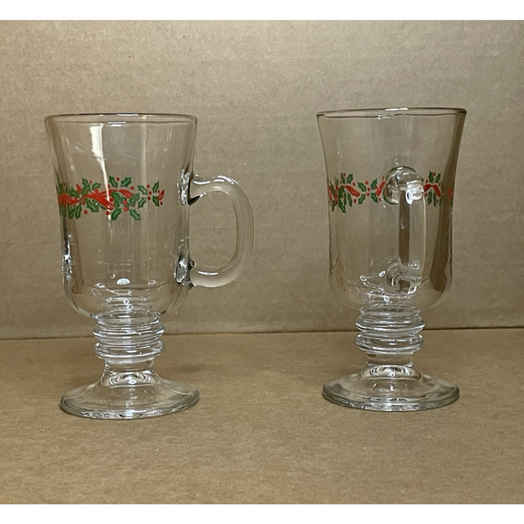 Vintage Libbey Holly Berry Irish Coffee Pedestal Glasses Gold Rim Christmas Mugs - Picture 2 of 8